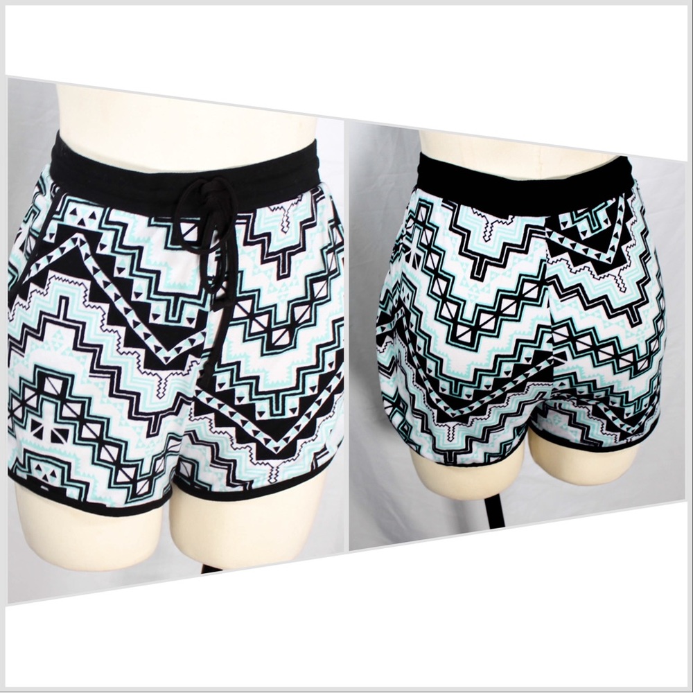 Black White and Teal Mint Southwestern Tribal Print Soft Shorts with Pockets